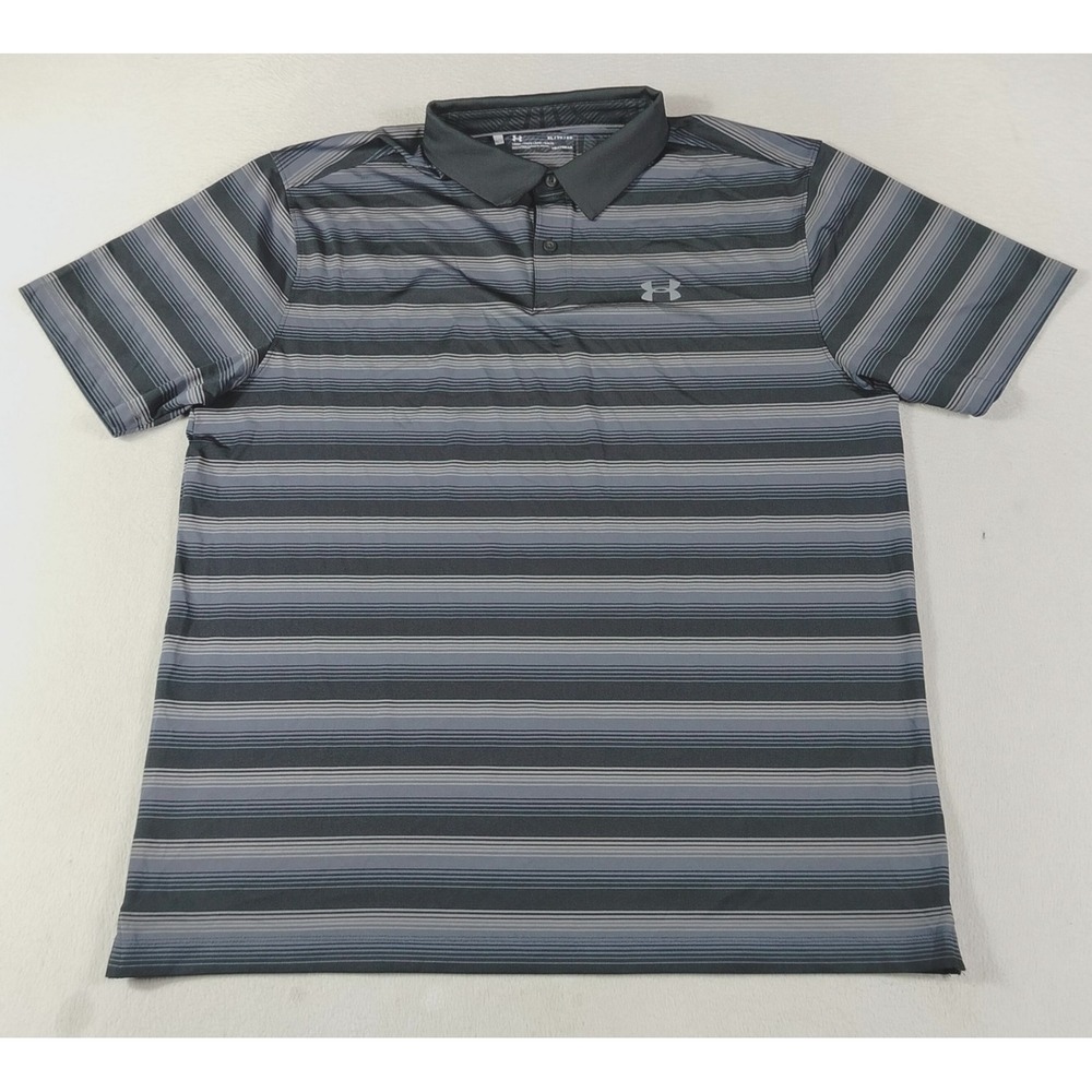 Under Armour Polo Shirt Mens XL Gray Black Stripe HeatGear Loose Golf Athleisure